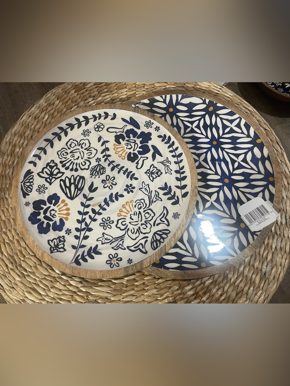Mud Pie Indigo Round Wood Tray Set